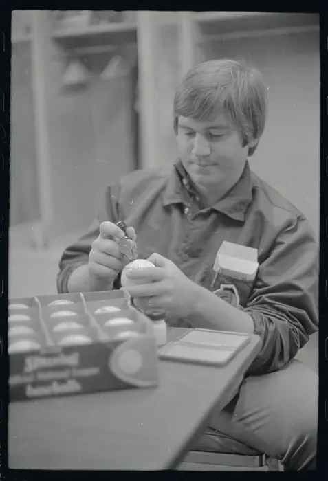Framed Print : Braves Equipment Manager Marking Balls Framed Print : Braves Equipment Manager Marking Balls