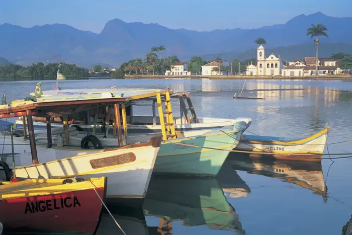Framed Print : Brazil, Rio de Janeiro, Parati, boats moored in bay, town in background Framed Print : Brazil, Rio de Janeiro, Parati, boats moored in bay, town in background