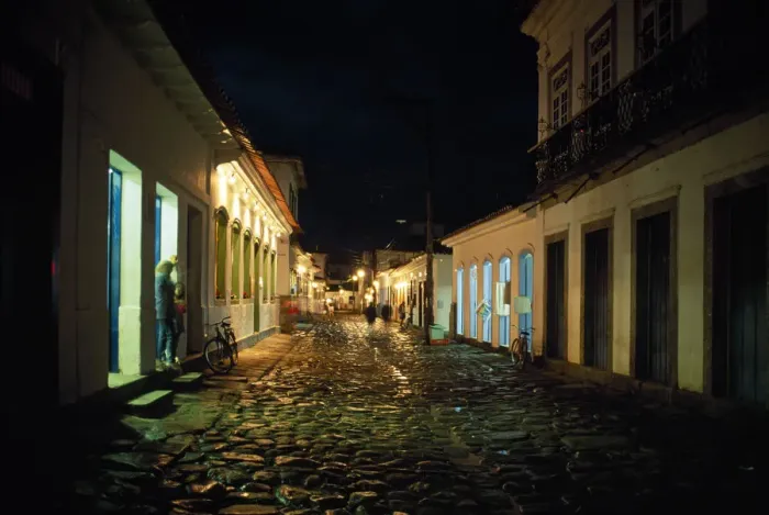 Framed Print : Brazil, Rio de Janeiro, Parati, cobbled street at night Framed Print : Brazil, Rio de Janeiro, Parati, cobbled street at night