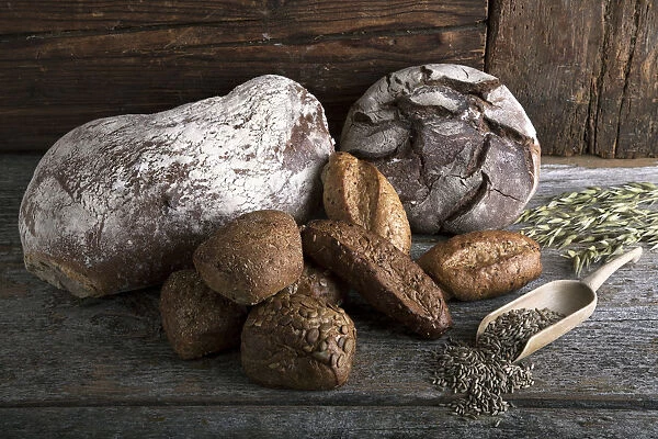 Bread loaves, rolls with rye grain and ears of corn on a rustic wooden surface