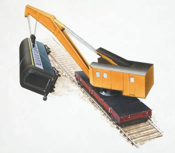 Framed Print : Breakdown train lifting another train off the track Framed Print : Breakdown train lifting another train off the track