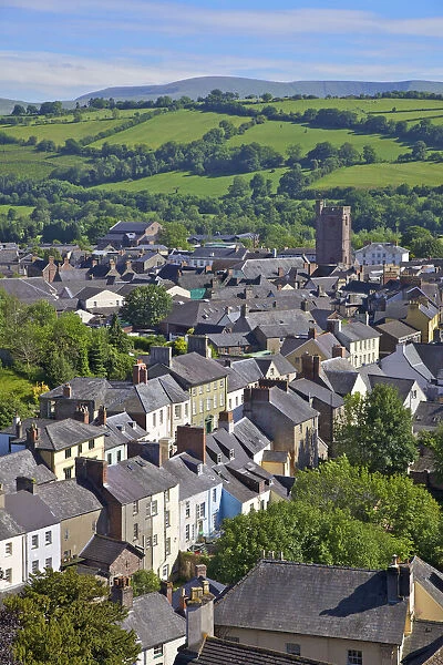 Brecon. Wales, Powys, Brecon - view over market town to Brecon Beacons