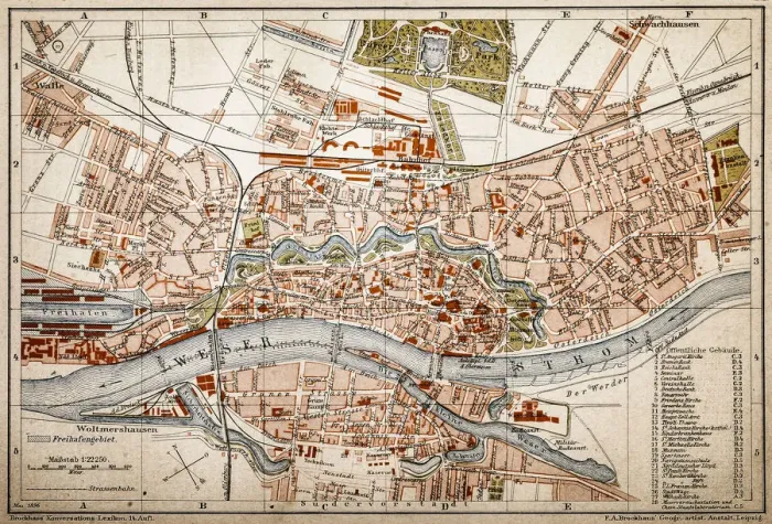 Framed Print : Bremen. Antique map of Bremen from 1898 Framed Print : Bremen. Antique map of Bremen from 1898