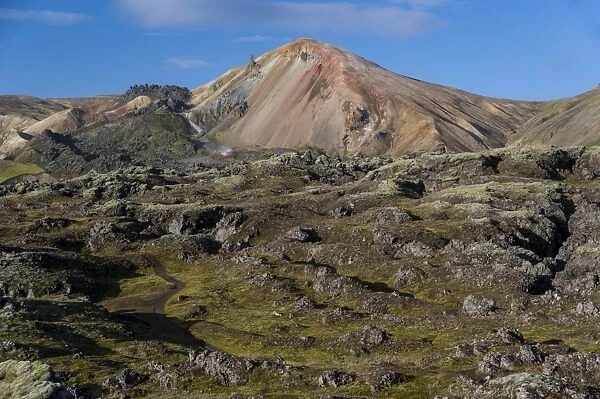 Brennisteinsalda volcano, rhyolite mountains and Laugahraun lava fields, Landmannalaugar, Fjallabak Nature Reserve, Highlands, Iceland, Europe
