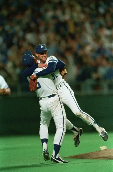 Framed Print : Brett Hugging Saberhagen Framed Print : Brett Hugging Saberhagen