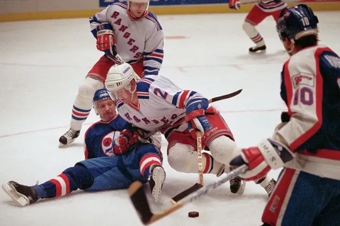 Framed Print : Brian Leetch and Dave Ellet Playing Ice Hockey