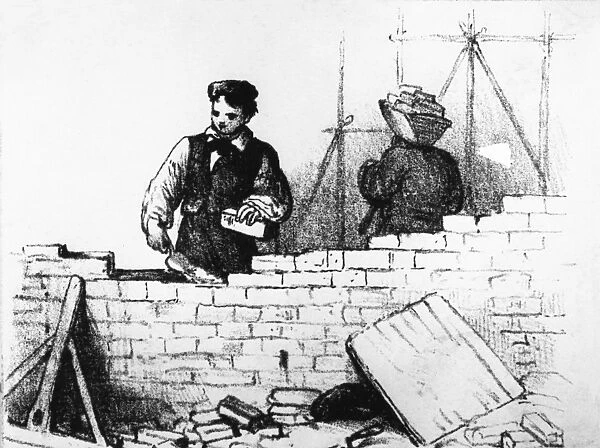 Bricklayer. A bricklayer and a hod carrier at work on a building site, circa 1860