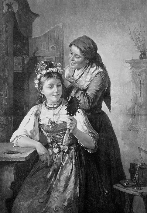 Framed Print : A bride in dirndl is decorated for the wedding party, Austria, c. 1880, digitally restored reproduction of an original 19th century pattern, exact original date not known Framed Print : A bride in dirndl is decorated for the wedding party, Austria, c. 1880, digitally restored reproduction of an original 19th century pattern, exact original date not known
