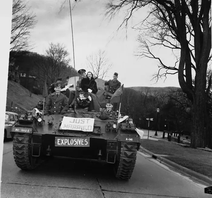 Framed Print : Bride And Groom Riding Atop Army Tank Framed Print : Bride And Groom Riding Atop Army Tank
