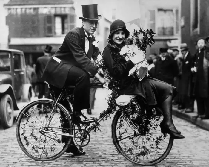Framed Print : Bride and Groom Riding Bicycle Framed Print : Bride and Groom Riding Bicycle