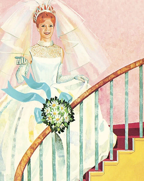 Bride Standing on a Curved Staircase