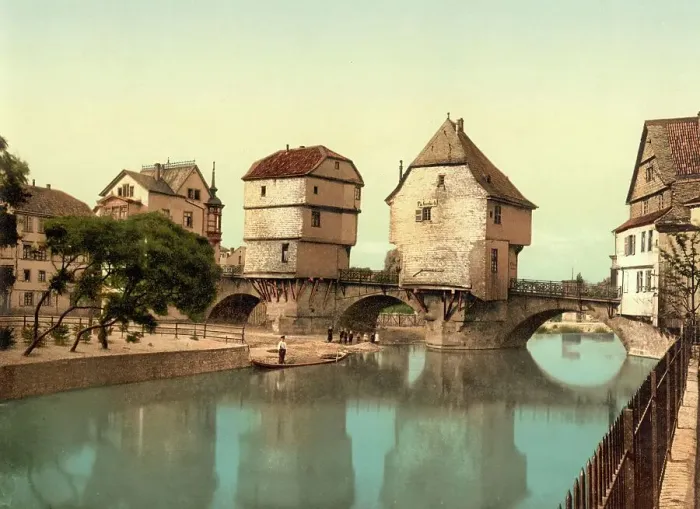 Framed Print : The bridge houses at the old Nahe bridge in Bad Kreuznach, Rhineland-Palatinate, Germany, historical, photochrome print from the 1890s Framed Print : The bridge houses at the old Nahe bridge in Bad Kreuznach, Rhineland-Palatinate, Germany, historical, photochrome print from the 1890s