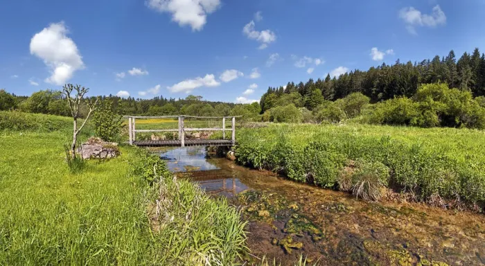 Framed Print : Bridge over the Morsbach stream with green meadows, Altmuhltal Nature Park, Bavaria, Germany