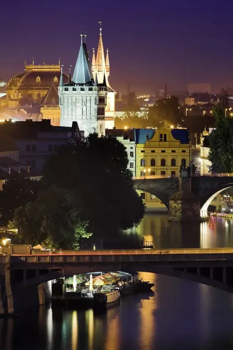 Framed Print : Bridges over the Vlatava River and buildings at dusk, Prague, Czech Republic Framed Print : Bridges over the Vlatava River and buildings at dusk, Prague, Czech Republic