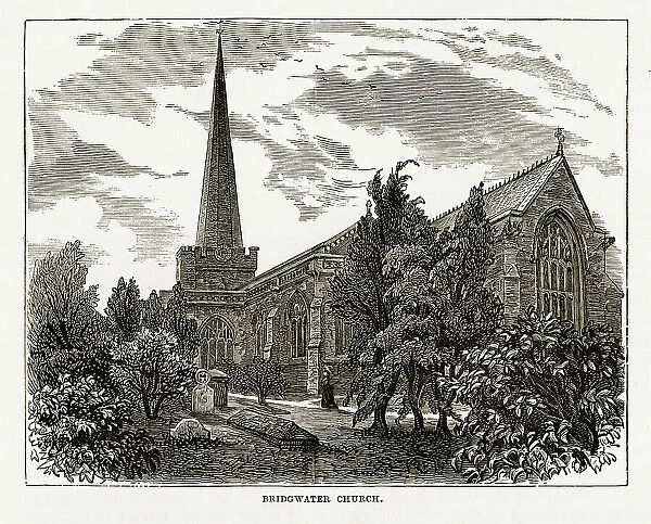 Bridgewater Church, Sedgemoor, Somerset, England Victorian Engraving, 1840