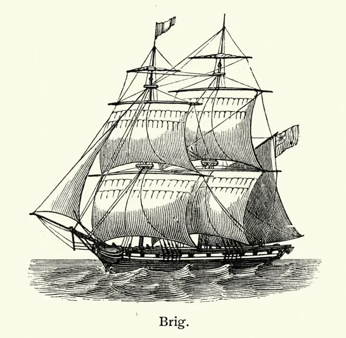 Framed Print : Brig, Sailing ship, sailing vessel defined by its rig, two masts which are both square Framed Print : Brig, Sailing ship, sailing vessel defined by its rig, two masts which are both square