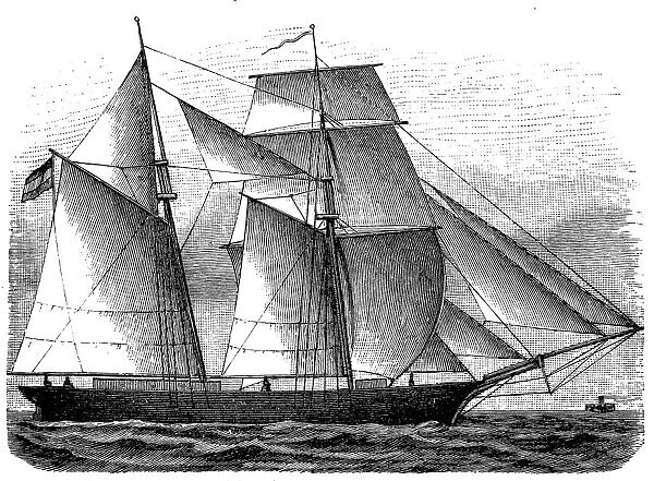 Brig ship. Antique illustration of a brig ship