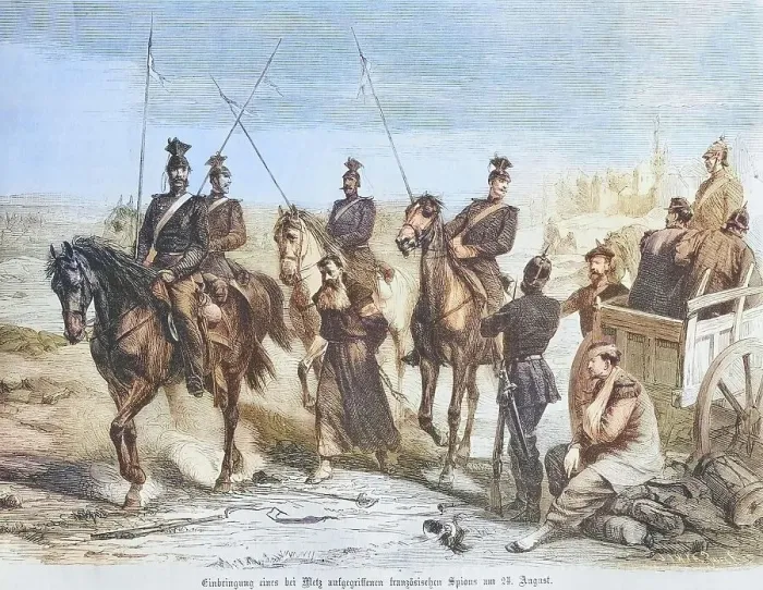 Framed Print : Bringing in a French spy apprehended near Metz, illustrated war chronicle 1870-1871, Franco-German campaign, Germany, France Framed Print : Bringing in a French spy apprehended near Metz, illustrated war chronicle 1870-1871, Franco-German campaign, Germany, France