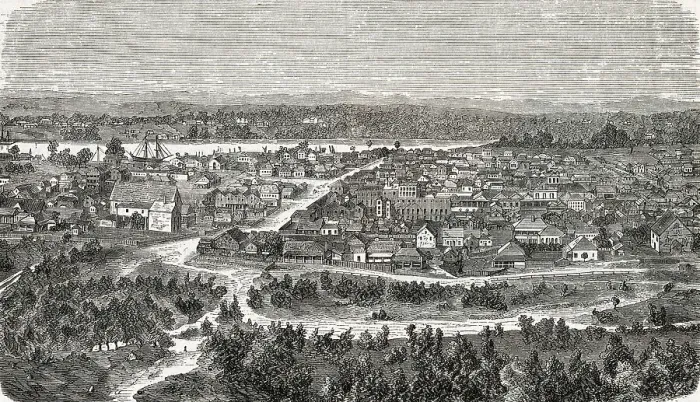 Framed Print : Brisbane. (Original Caption). Brisbane, capital of Queensland, in 1865. Australia Framed Print : Brisbane. (Original Caption). Brisbane, capital of Queensland, in 1865. Australia