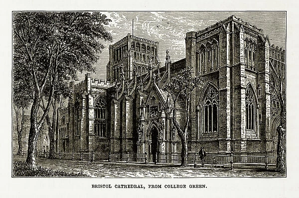 Bristol Cathedral in Yorkshire, England Victorian Engraving, Circa 1840