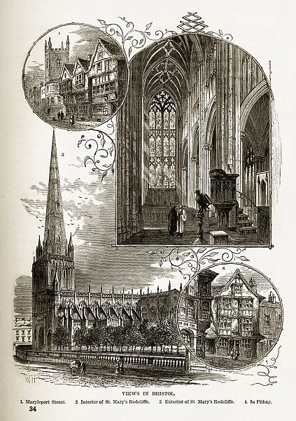 Bristol Historic Landmarks in Yorkshire, England Victorian Engraving, Circa 1840