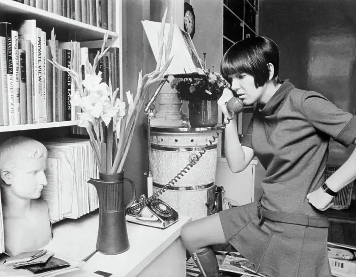Framed Print : British Designer Mary Quant Talking on Telephone Framed Print : British Designer Mary Quant Talking on Telephone