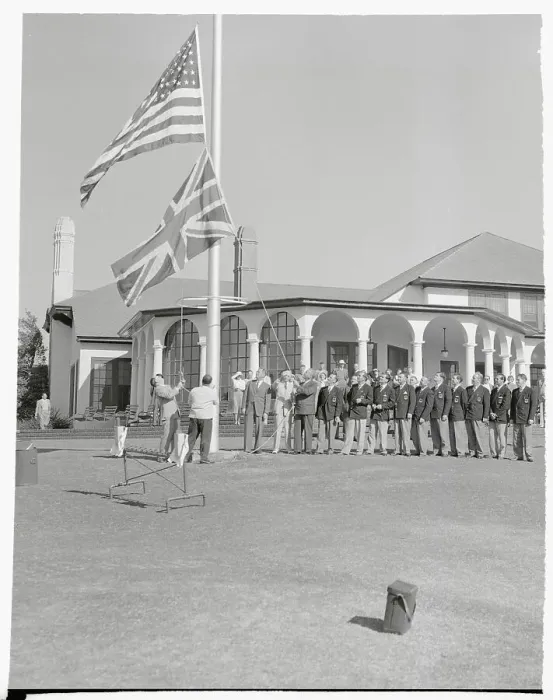 Framed Print : British and US Flags Hoisted at Opening of Golf Tournament in NBC Framed Print : British and US Flags Hoisted at Opening of Golf Tournament in NBC