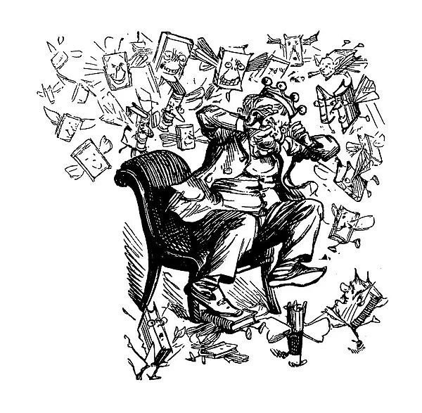 British London satire caricatures comics cartoon illustrations: King flying books