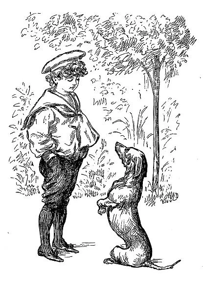 British London satire caricatures comics cartoon illustrations: Boy and dog