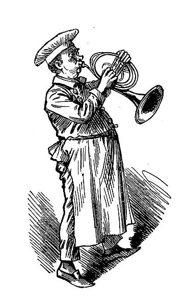 British London satire caricatures comics cartoon illustrations: Playing horn