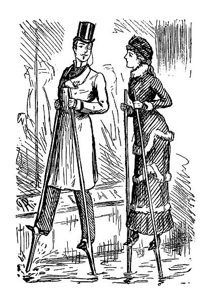 British London satire caricatures comics cartoon illustrations: Couple on stilts