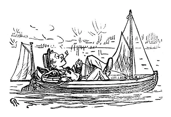 British London satire caricatures comics cartoon illustrations: Relaxed man on boat