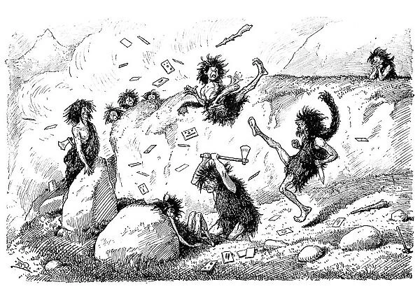 British London satire caricatures comics cartoon illustrations: Prehistoric men playing