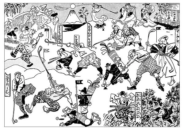 British London satire caricatures comics cartoon illustrations: Golf Japanese Style