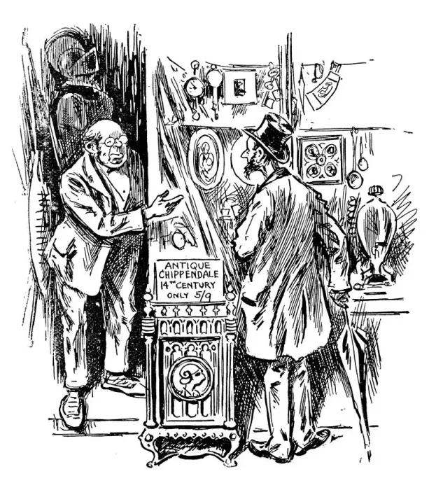Framed Print : British London satire caricatures comics cartoon illustrations: Antiques shop Framed Print : British London satire caricatures comics cartoon illustrations: Antiques shop