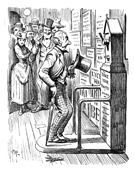 Framed Print : British London satire caricatures comics cartoon illustrations: Automatic photo booth