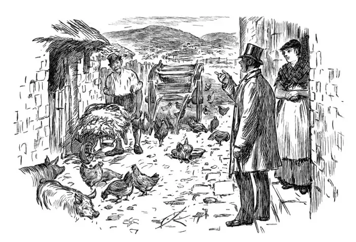 Framed Print : British London satire caricatures comics cartoon illustrations: Business in farm Framed Print : British London satire caricatures comics cartoon illustrations: Business in farm