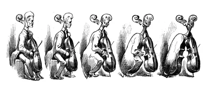 Framed Print : British London satire caricatures comics cartoon illustrations: Cello metamorphosis