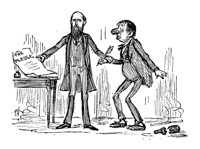 Framed Print : British London satire caricatures comics cartoon illustrations: Drunk man signing pledge