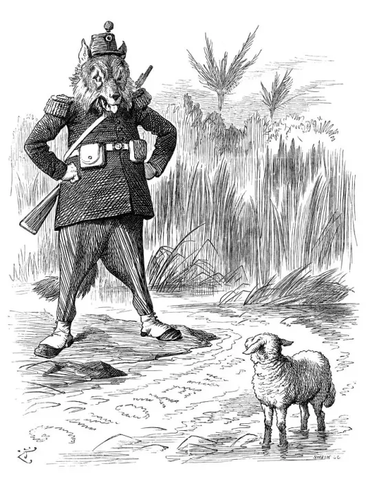 Framed Print : British London satire caricatures comics cartoon illustrations: French wolf and Siamese Framed Print : British London satire caricatures comics cartoon illustrations: French wolf and Siamese