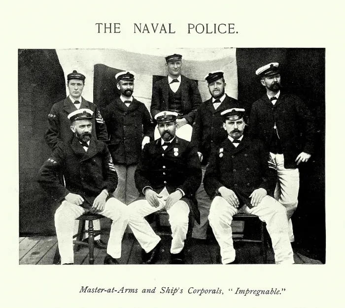 Framed Print : British Royal Navy naval police, Master at Arms and Ship's Corporals, HMS Impregnable, 1890s, Victorian Military History Framed Print : British Royal Navy naval police, Master at Arms and Ship's Corporals, HMS Impregnable, 1890s, Victorian Military History