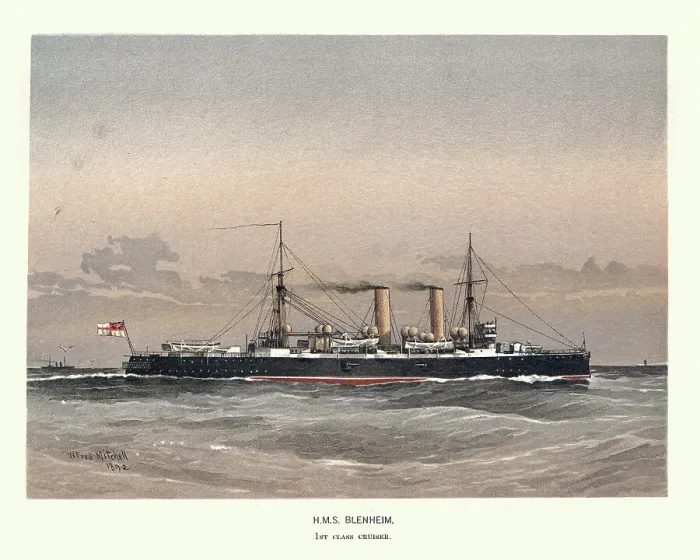 Framed Print : British Royal Navy warship HMS Blenheim, first class protected cruiser, Victorian Military History, 19th Century, 1890s Framed Print : British Royal Navy warship HMS Blenheim, first class protected cruiser, Victorian Military History, 19th Century, 1890s