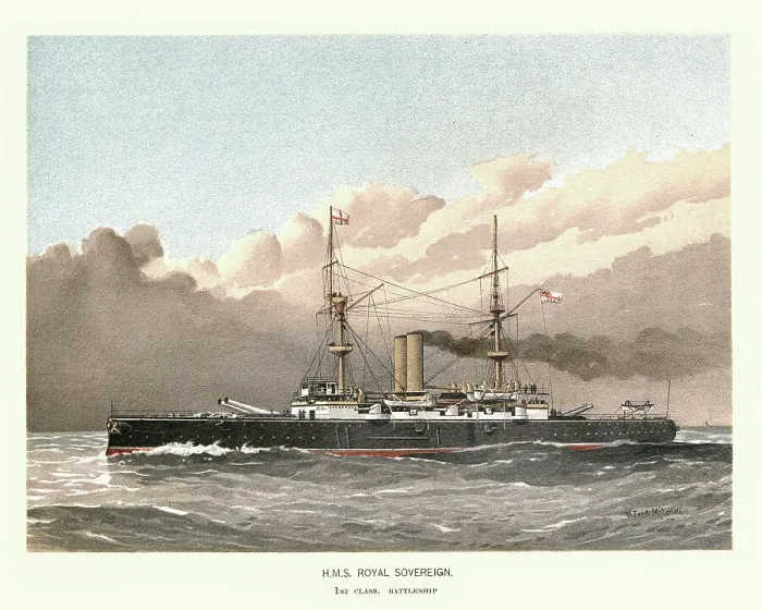 Framed Print : British Royal Navy warship HMS Royal Sovereign, pre-dreadnought battleship, Victorian Naval Military History, 19th Century, 1890s Framed Print : British Royal Navy warship HMS Royal Sovereign, pre-dreadnought battleship, Victorian Naval Military History, 19th Century, 1890s
