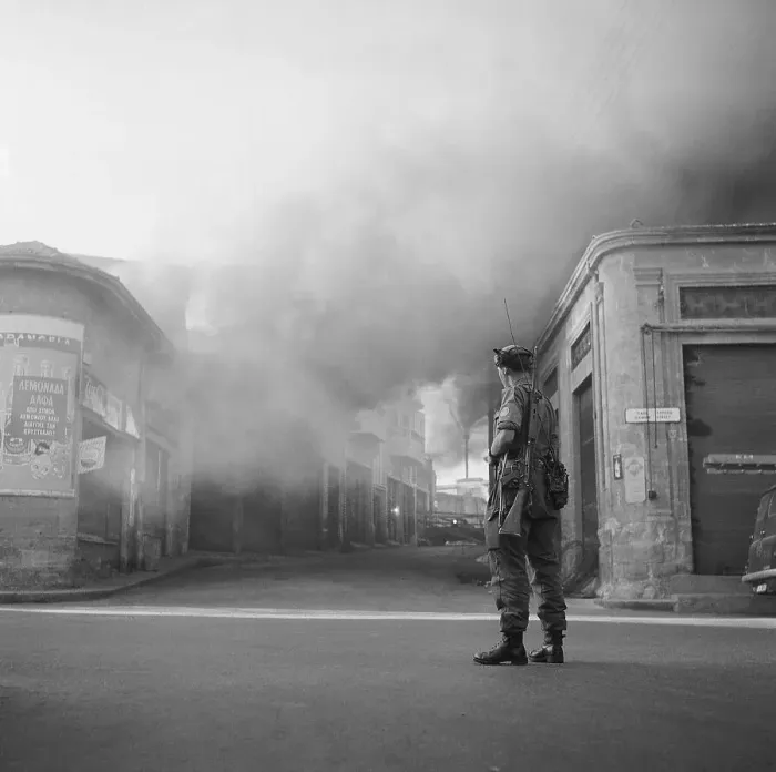 Framed Print : British Soldier Watches Building Burn Framed Print : British Soldier Watches Building Burn