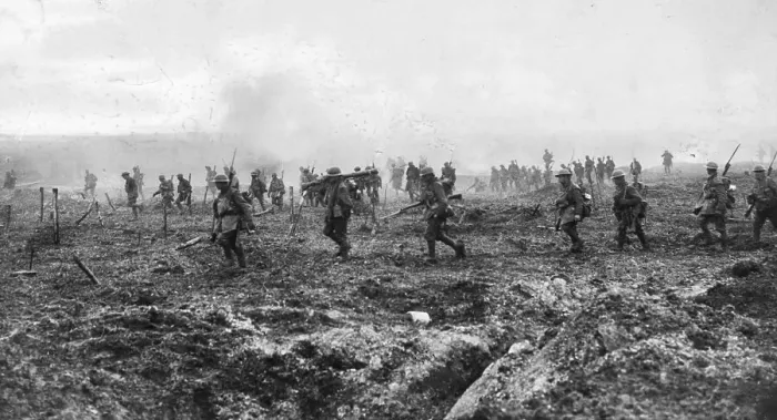 Framed Print : British Soldiers Cross Barren Ground During WWI Framed Print : British Soldiers Cross Barren Ground During WWI