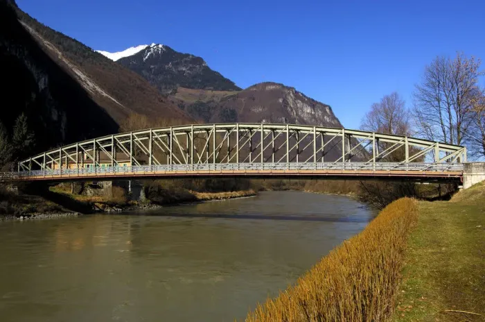 Framed Print : Broadside of a steel bridge crossing Rhone River, near Chessel, Vaud, Switzerland, Europe