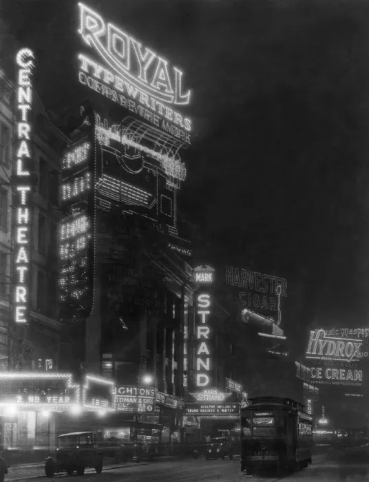 Framed Print : Broadway. 1926: Advertisements and signs for the Central Framed Print : Broadway. 1926: Advertisements and signs for the Central