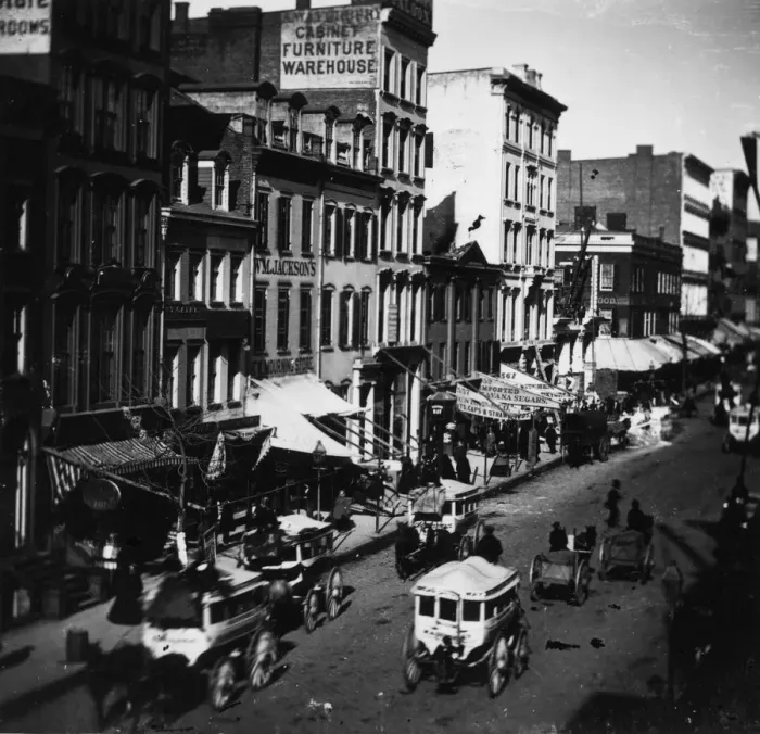 Framed Print : Broadway. 1859: Traffic passes the shops on New Yorks Broadway Framed Print : Broadway. 1859: Traffic passes the shops on New Yorks Broadway