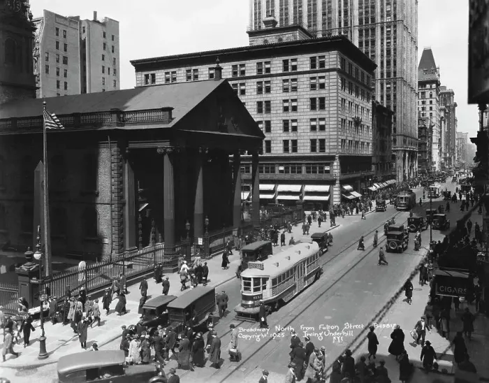 Framed Print : Broadway. TRaffic on Broadway looking North from Fulton Street, US, circa 1925 Framed Print : Broadway. TRaffic on Broadway looking North from Fulton Street, US, circa 1925