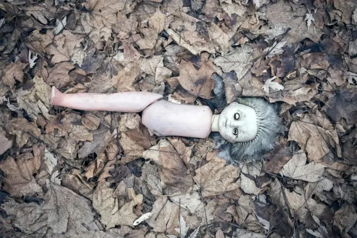Framed Print : Broken doll lying in the front garden of an abandoned kindergarten, village in